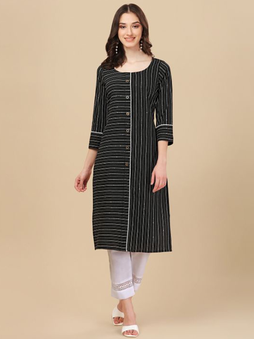 

White World Women Cotton Striped Kurta, Black