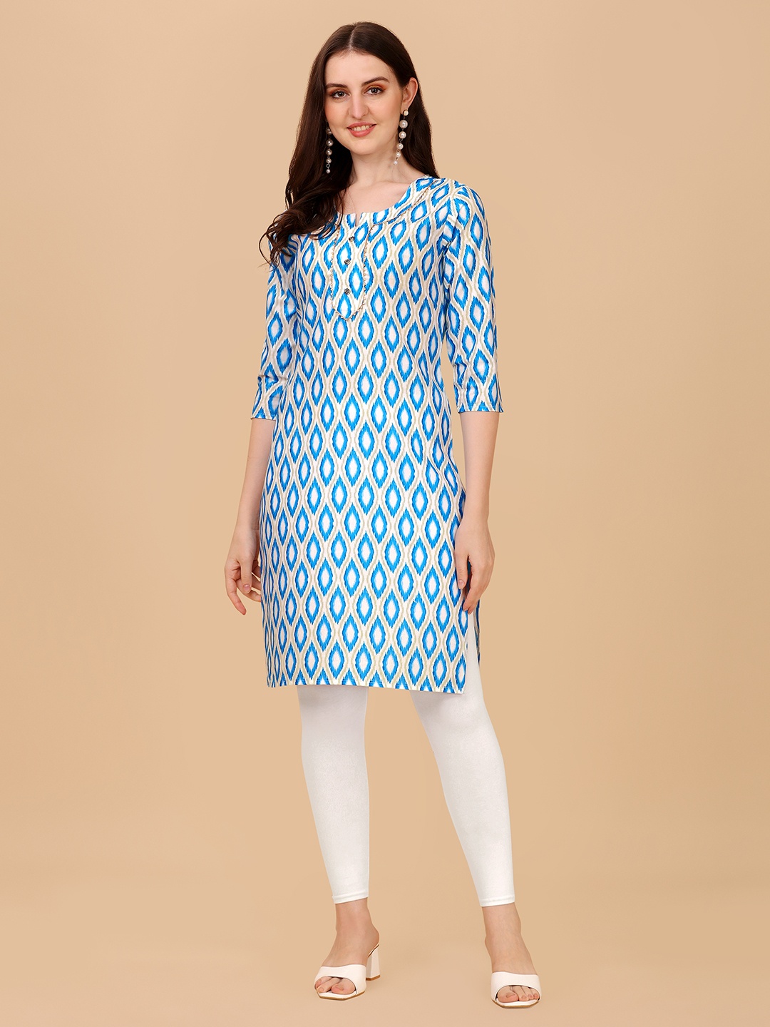 

White World Geometric Printed Cotton Kurta, Turquoise blue