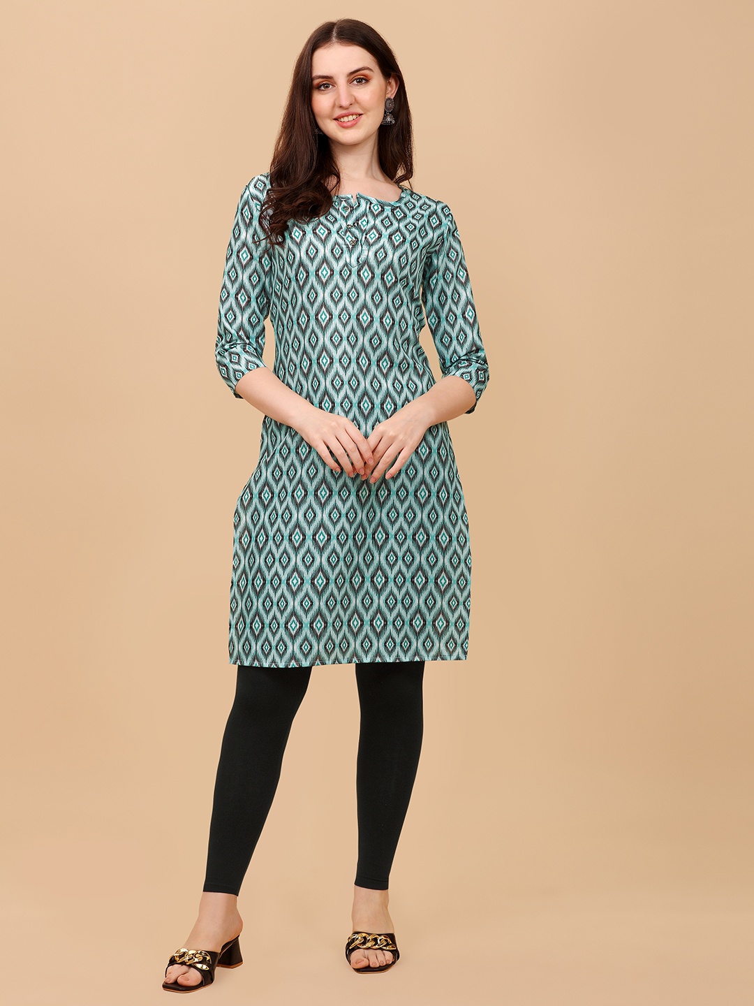 

White World Geometric Printed Straight Kurta, Teal