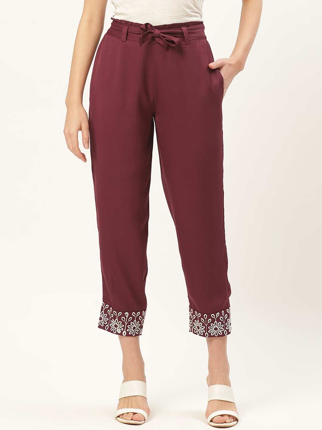 

DODO & MOA Women Embroidered Regular Fit Trousers, Burgundy