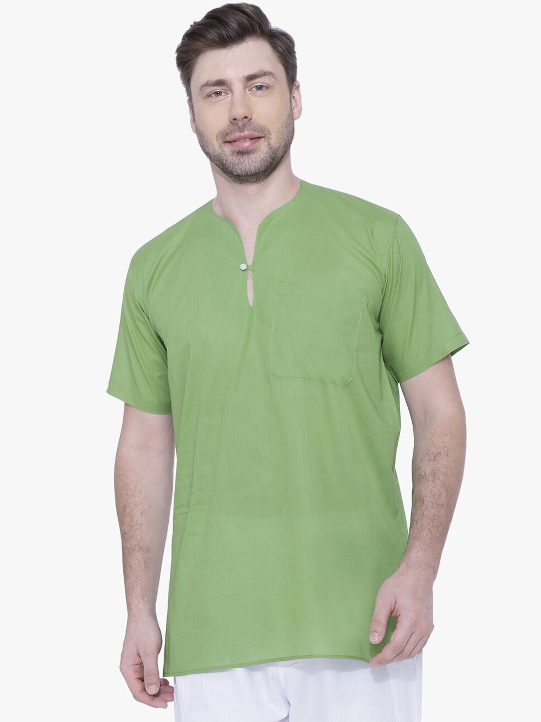 

RAJUBHAI HARGOVINDAS Mandarin Collar Straight Regular Cotton Kurta, Olive