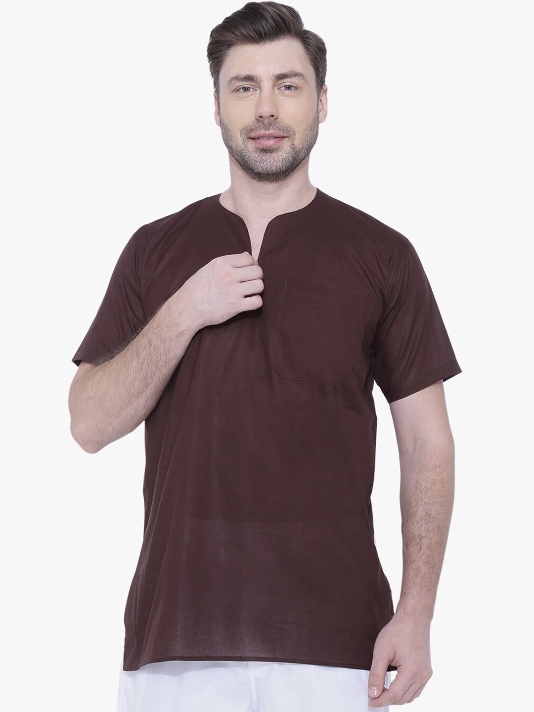 

RAJUBHAI HARGOVINDAS Stylised Neck Cotton Kurta, Brown