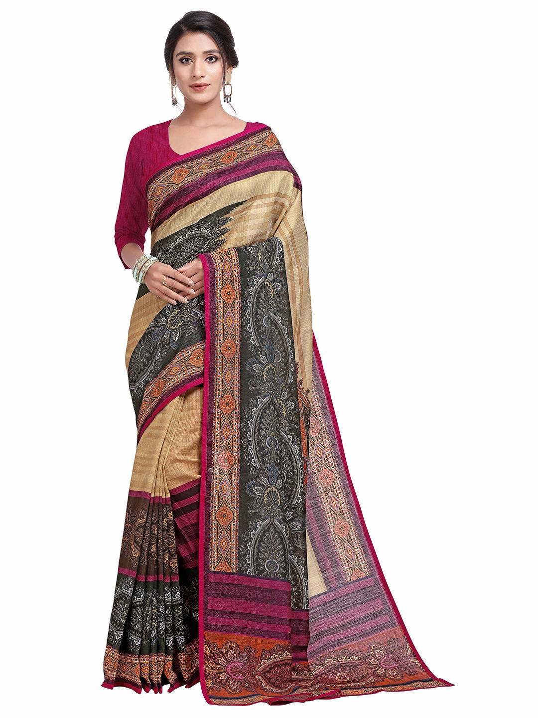 

SAPTRANGI Ethnic Motif Pure Linen Bhagalpuri Saree, Cream