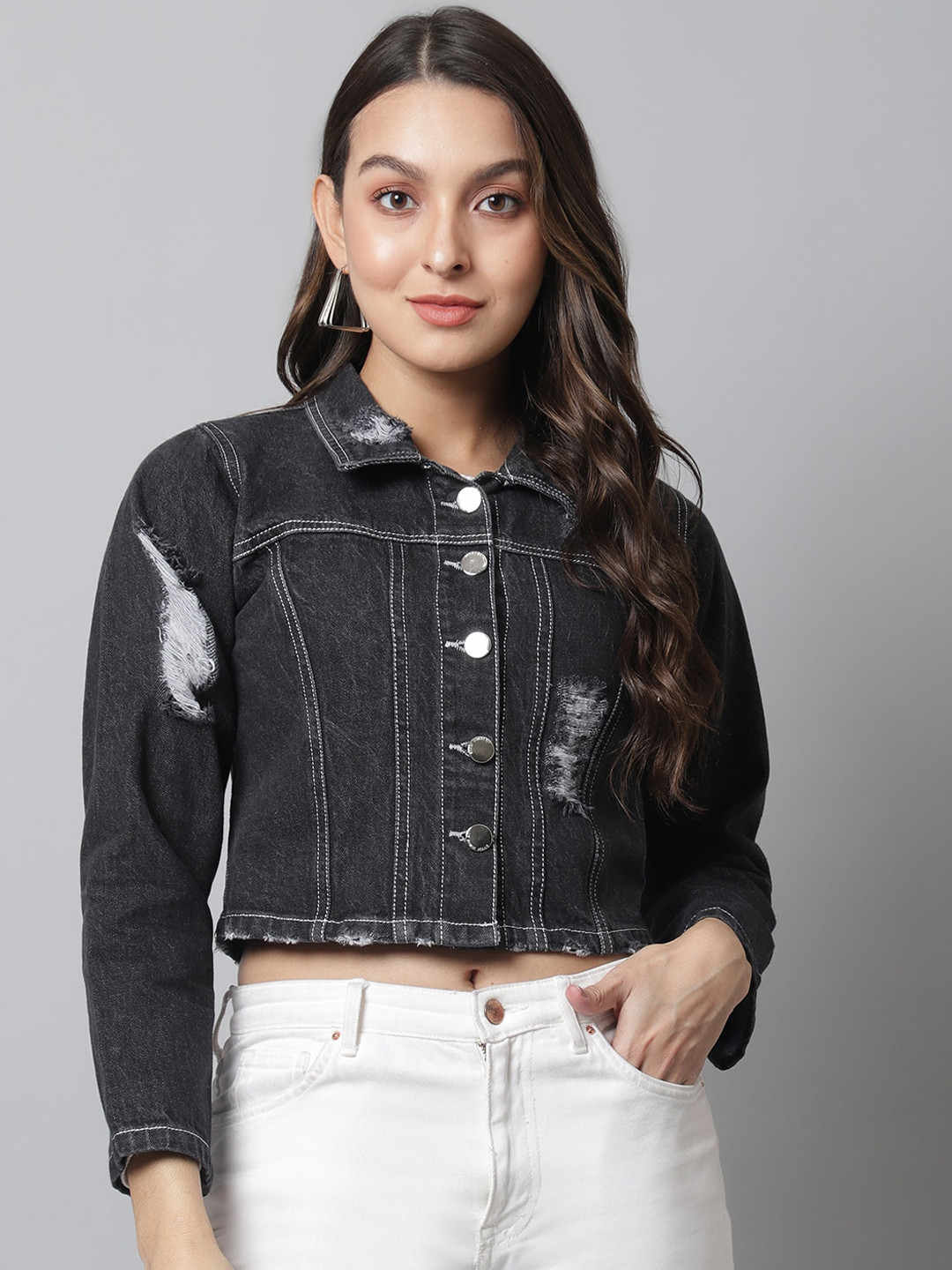 

urSense Women Crop Denim Jacket with Patchwork, Charcoal