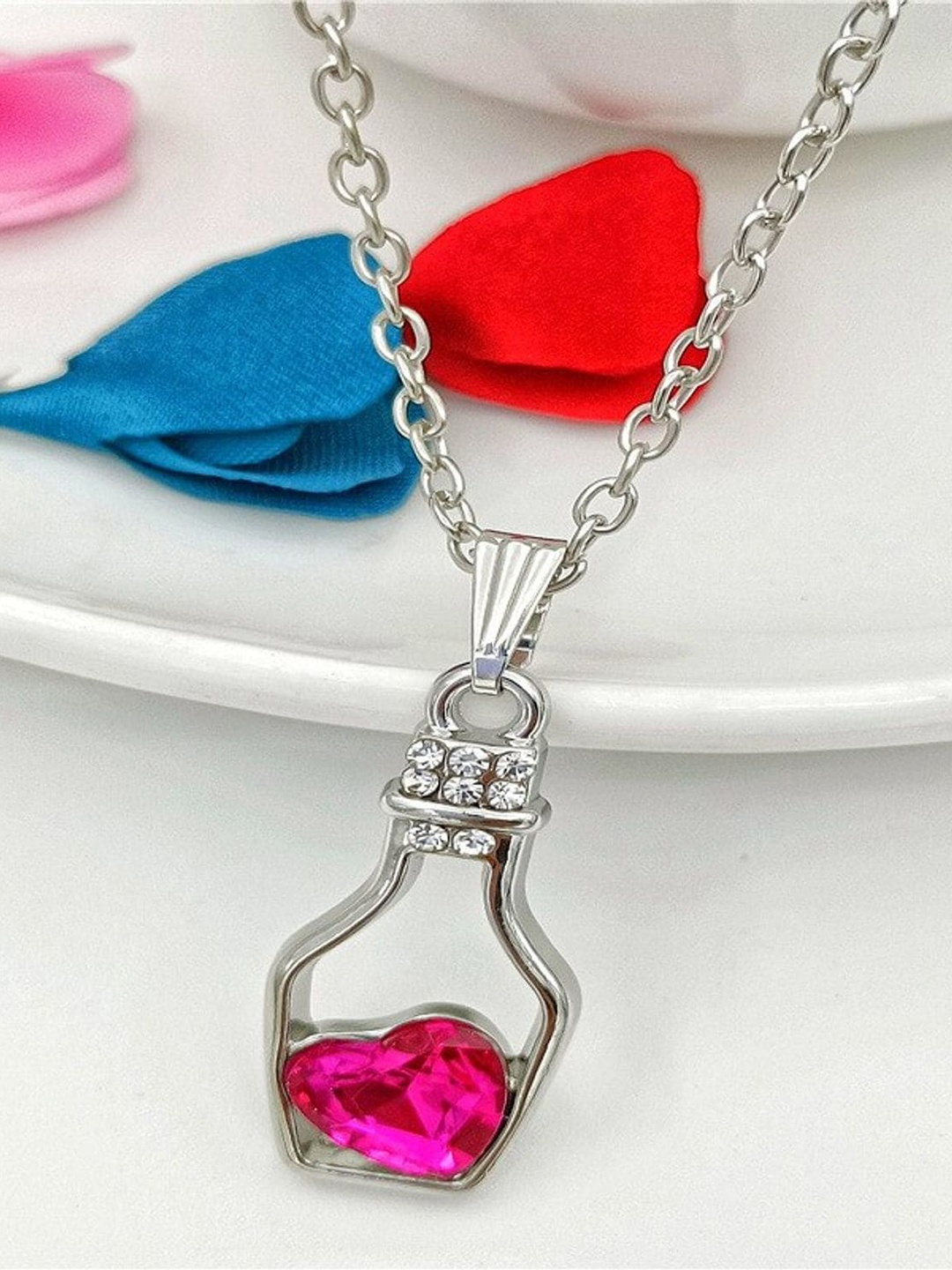 

Fashion Frill Silver-Toned & Pink Silver-Plated Necklace