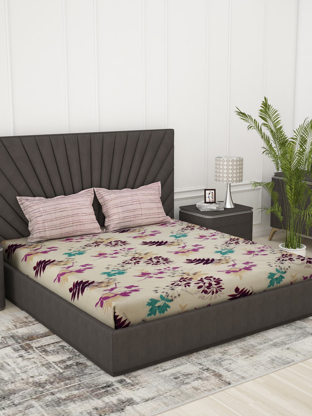 

Story@home Beige & Blue Floral 186 TC Cotton Queen Bedsheet with 2 Pillow Covers