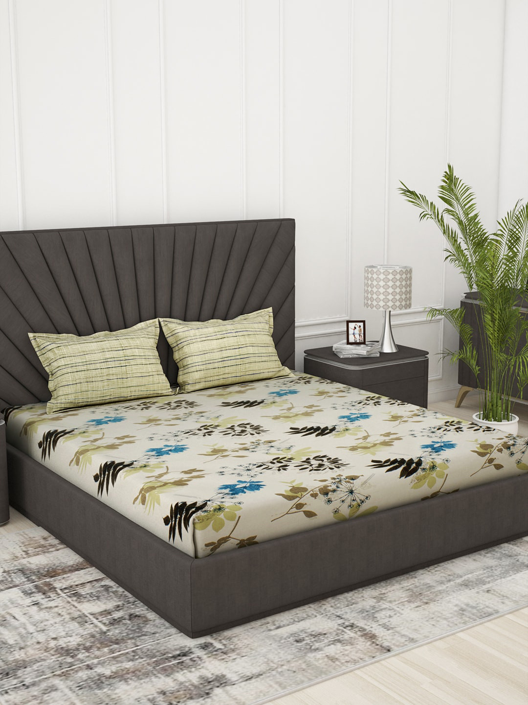

Story@home Beige & Blue Floral 186 TC Cotton Queen Bedsheet with 2 Pillow Covers