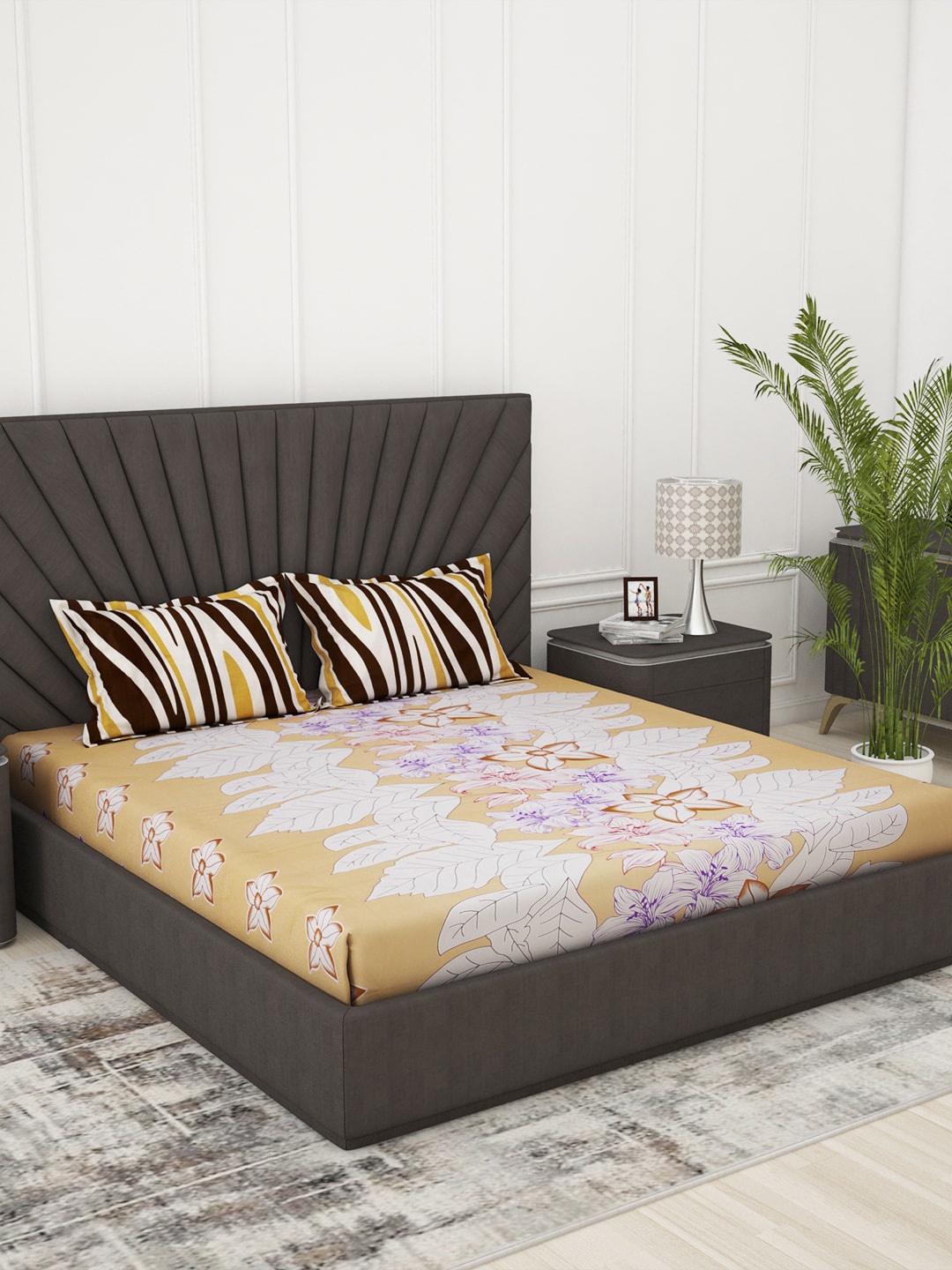 

Story@home Cream & White Floral 186 TC Cotton Queen Bedsheet with 2 Pillow Covers