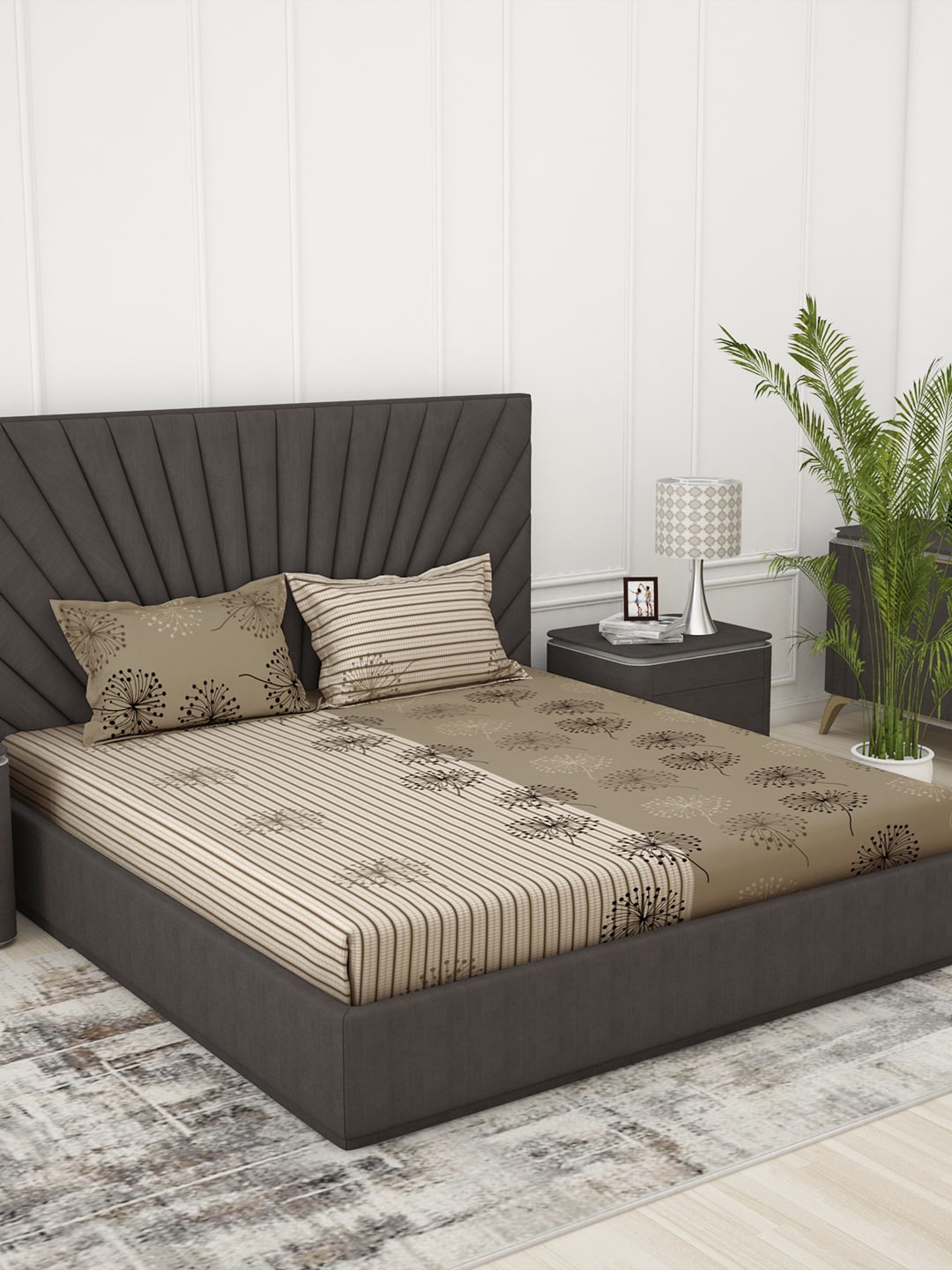 

Story@home Printed 186 TC Cotton Queen Bedsheet with 2 Pillow Covers, Cream
