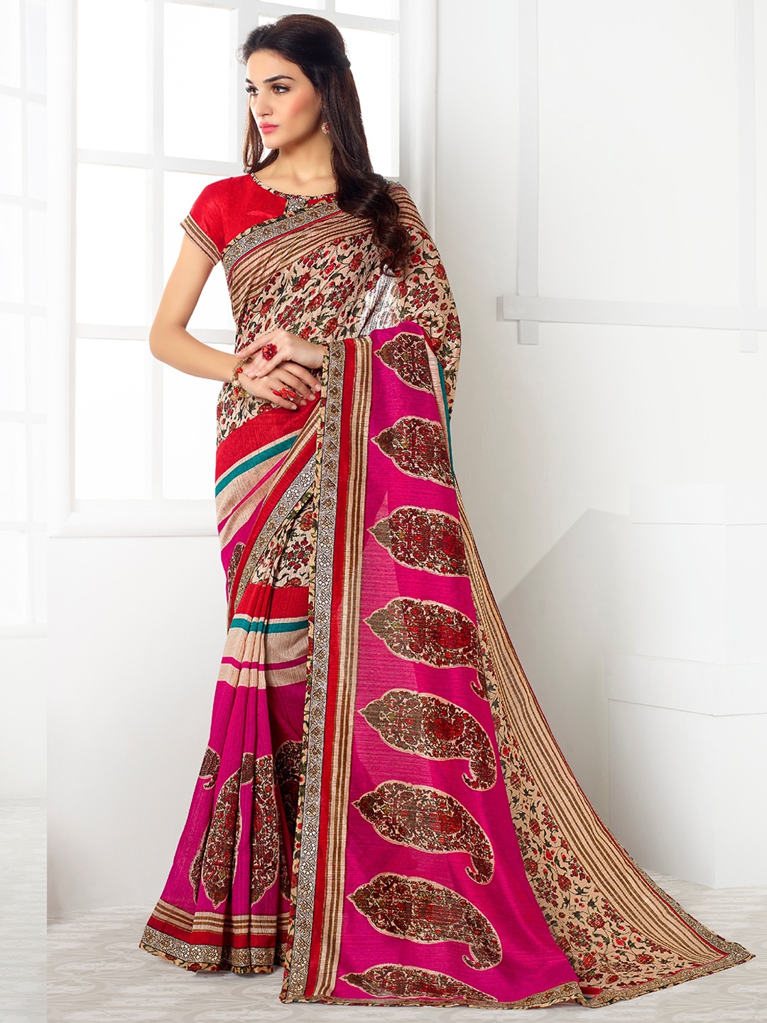 

SAPTRANGI Ethnic Motif Pure Linen Bhagalpuri Saree, Pink