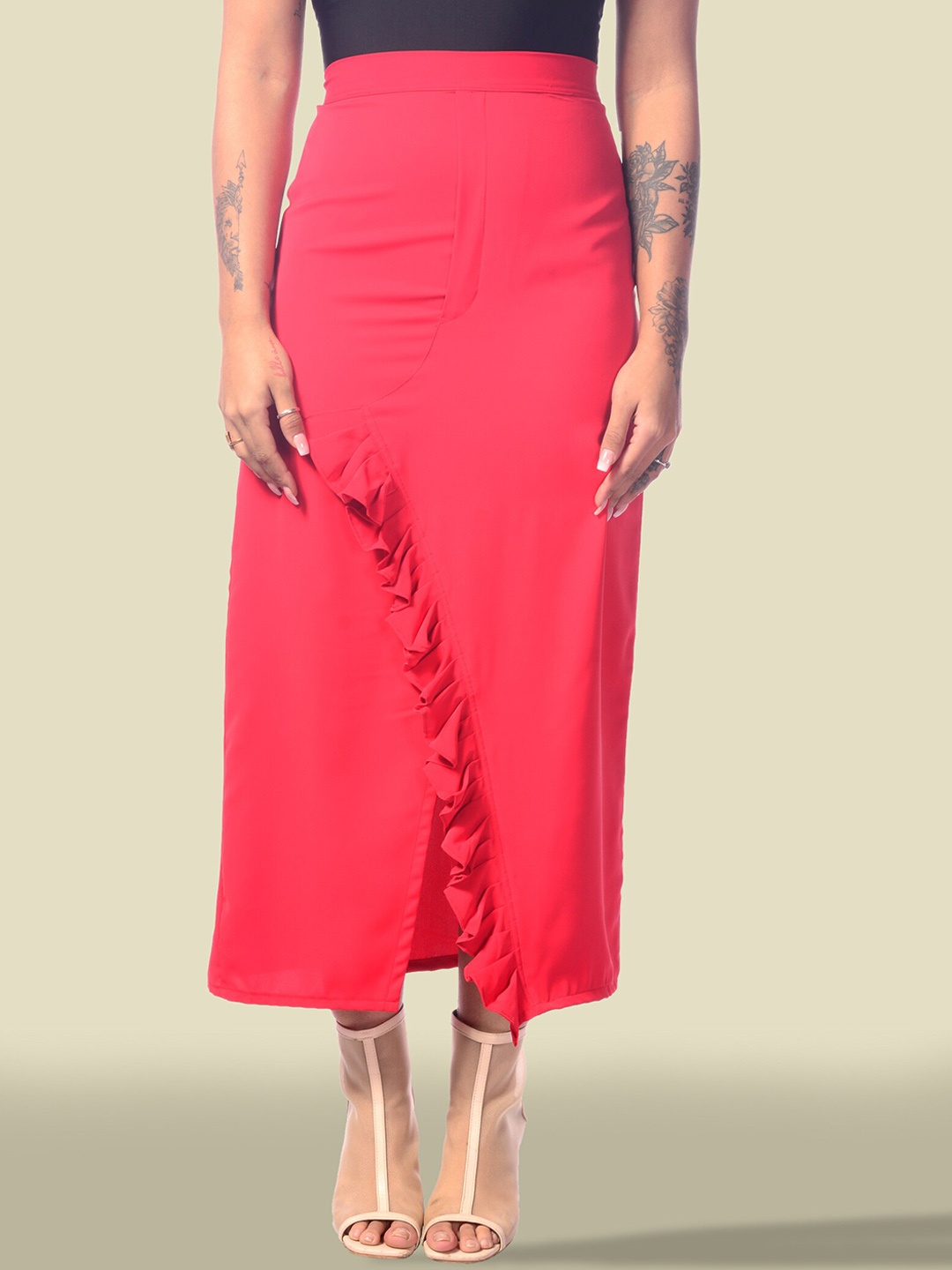 

MODWEE Women Midi Length Ruffle Straight Skirts, Red