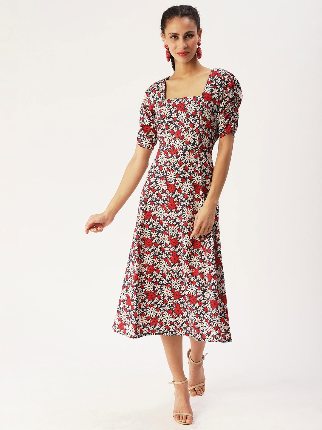 

DressBerry Floral Printed Square Neck A-Line Midi Dress, Black