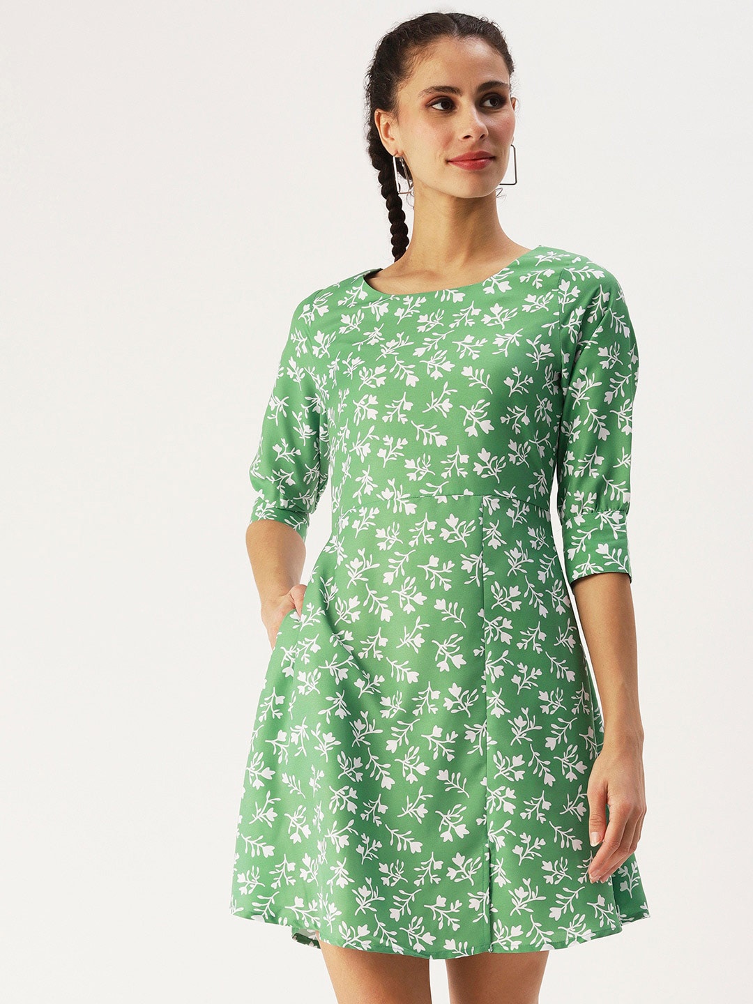 

DressBerry Floral Printed Round Neck A-Line Dress, Green