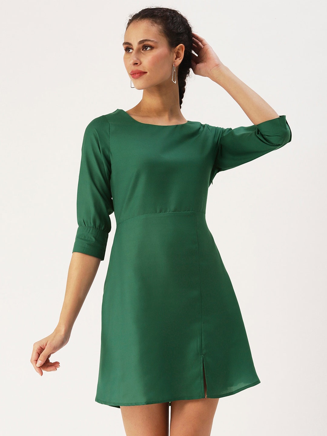 

DressBerry Round Neck Cuffed Sleeves A-Line Dress, Green