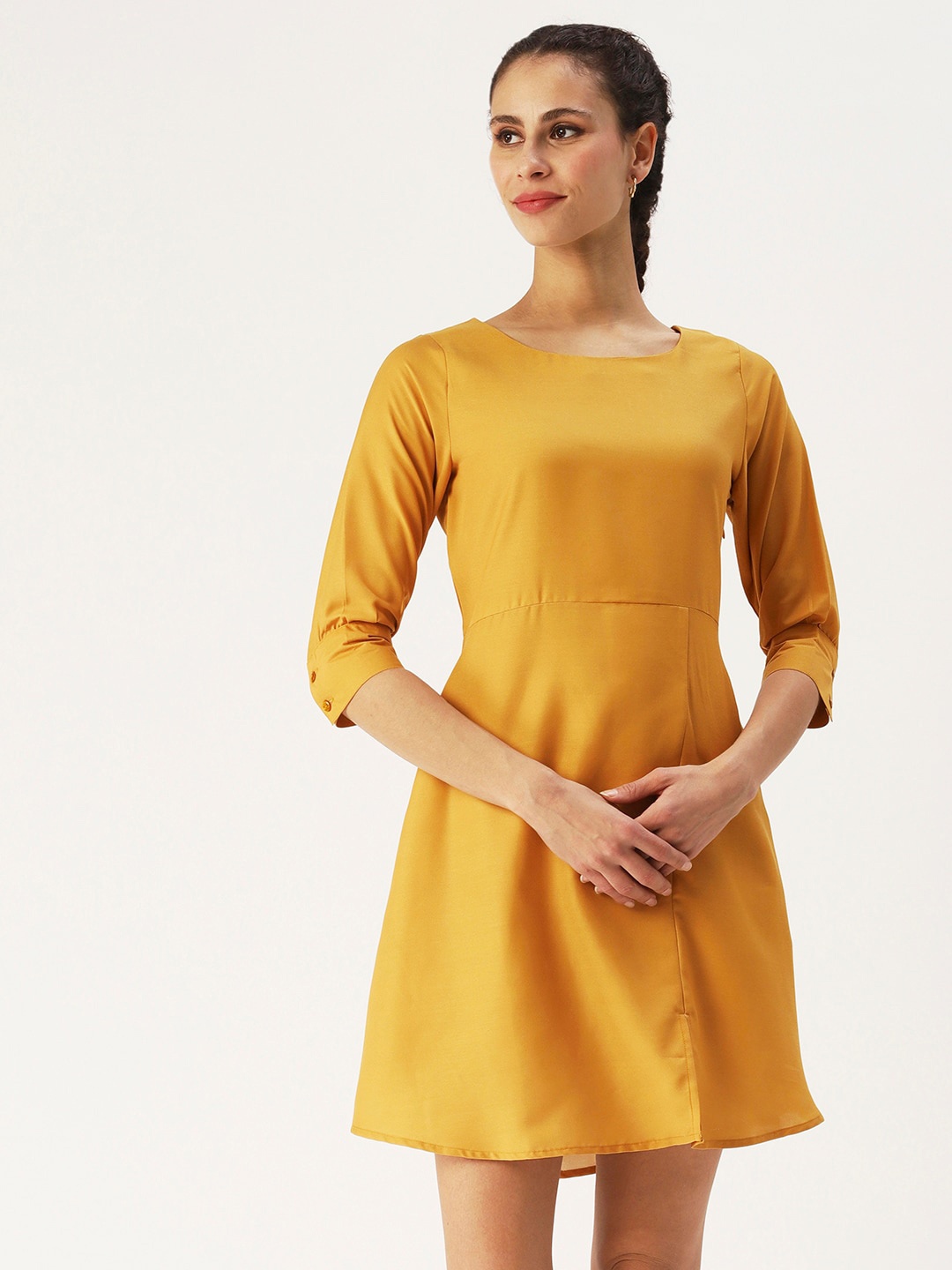 

DressBerry Round Neck Cuffed Sleeves A-Line Dress, Mustard