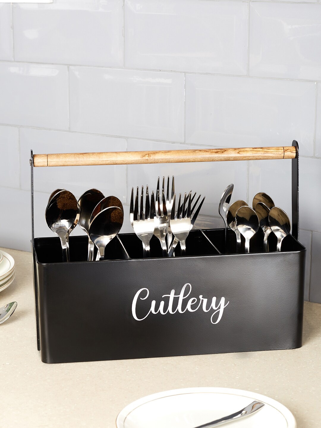 

HomeTown Black Lattice Metal and Wood Cutlery Organizer