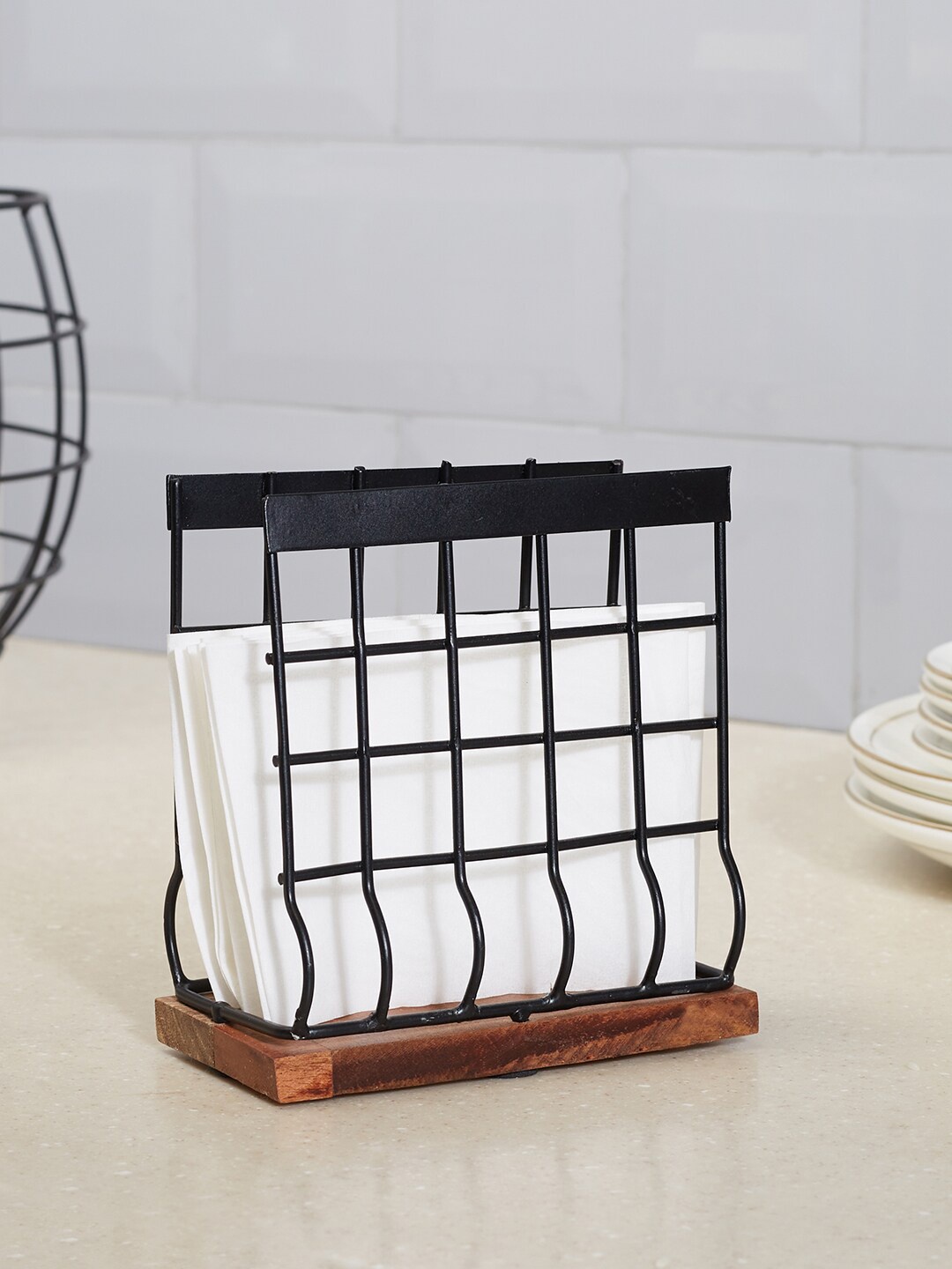 

HomeTown Black Metal and Wood Tissue Holder