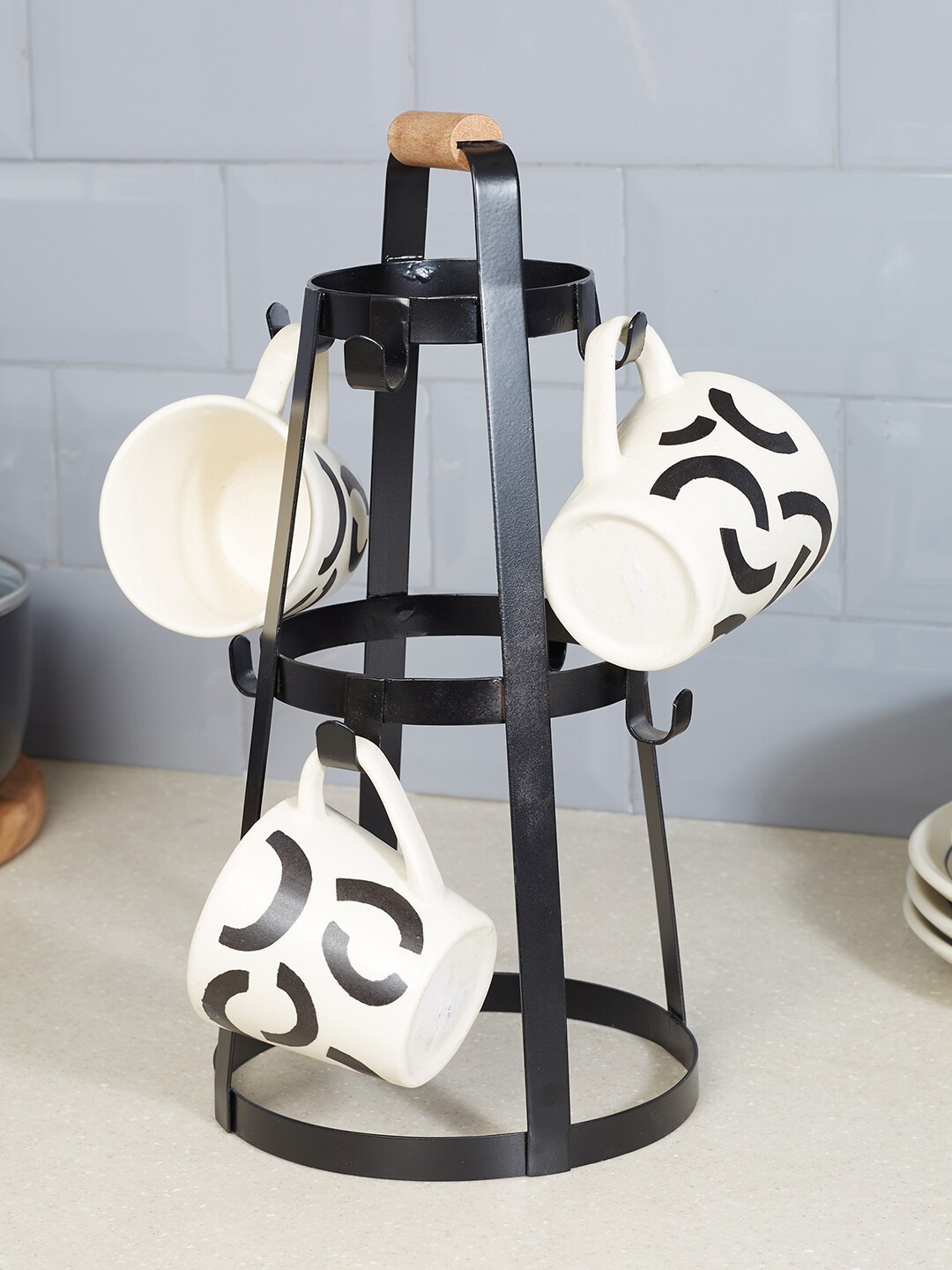 

HomeTown Black Lattice Metal and Wood Space Saver Mug Holder
