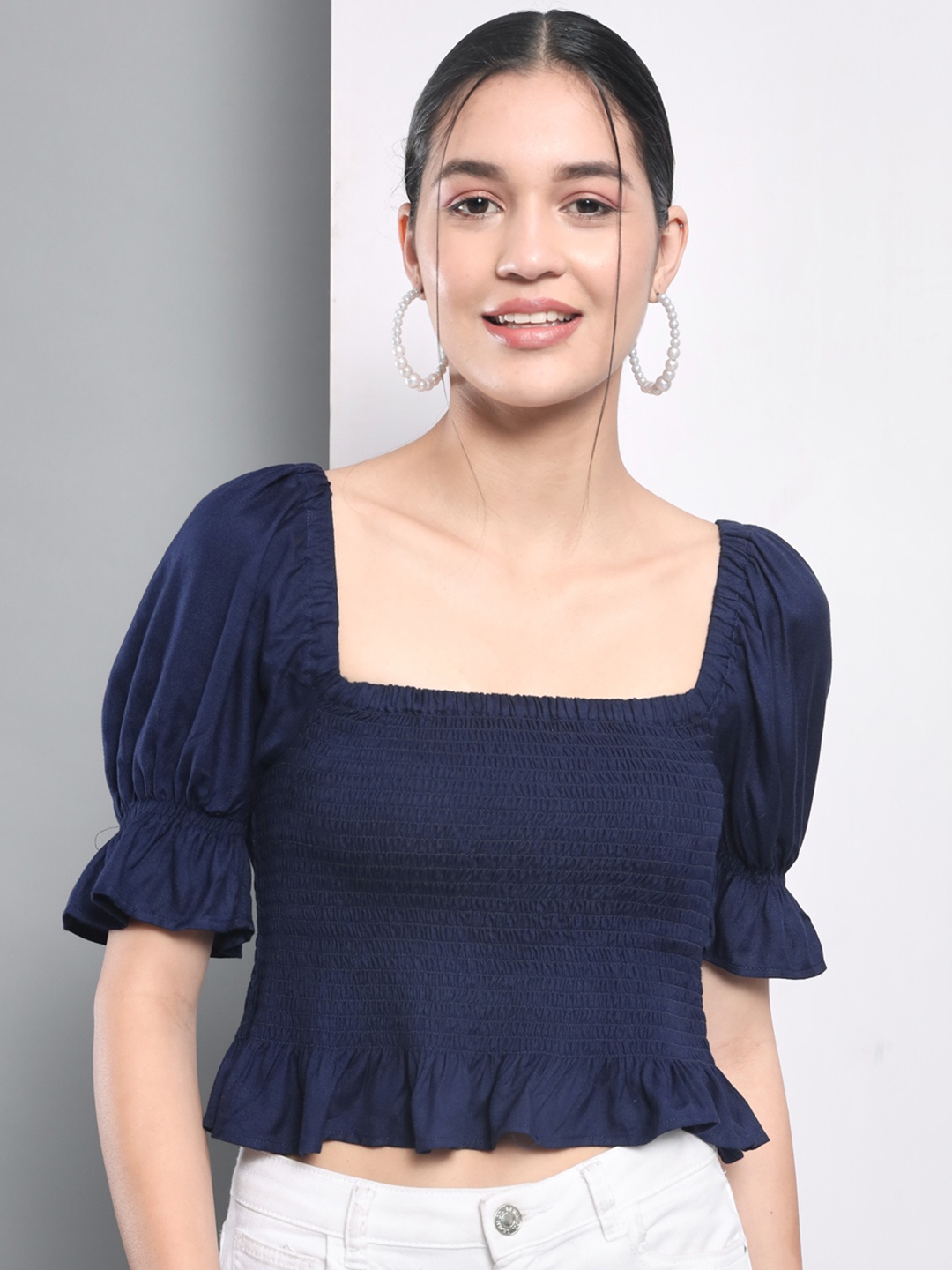 

Trend Arrest Smocked Crop Top, Navy blue