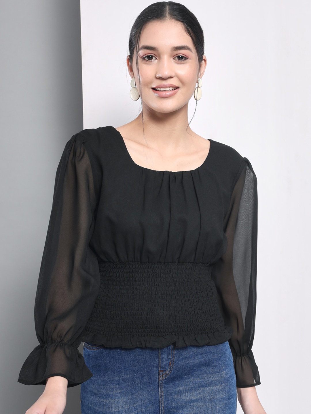 Trend Arrest Cinched Waist Smocked Top, Black
