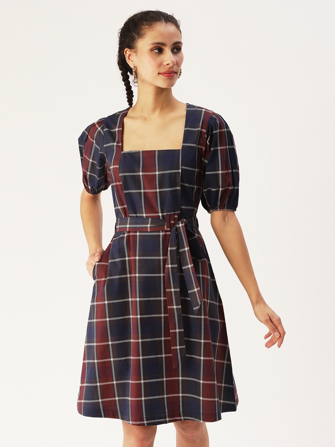

DressBerry Checked Cotton Puff Sleeves A-Line Dress, Navy blue