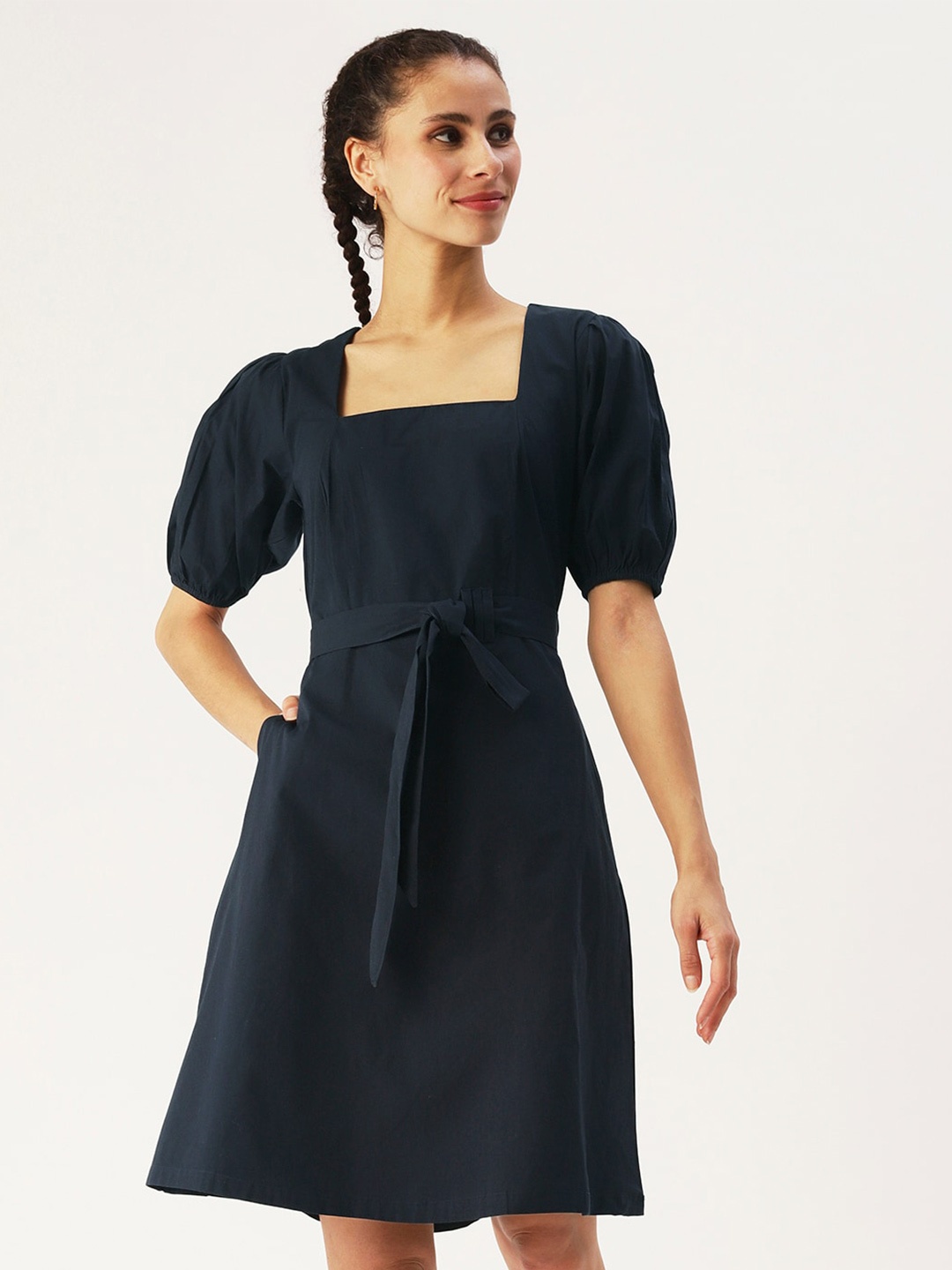 

DressBerry Square Neck Cotton Puff Sleeves A-Line Dress, Navy blue