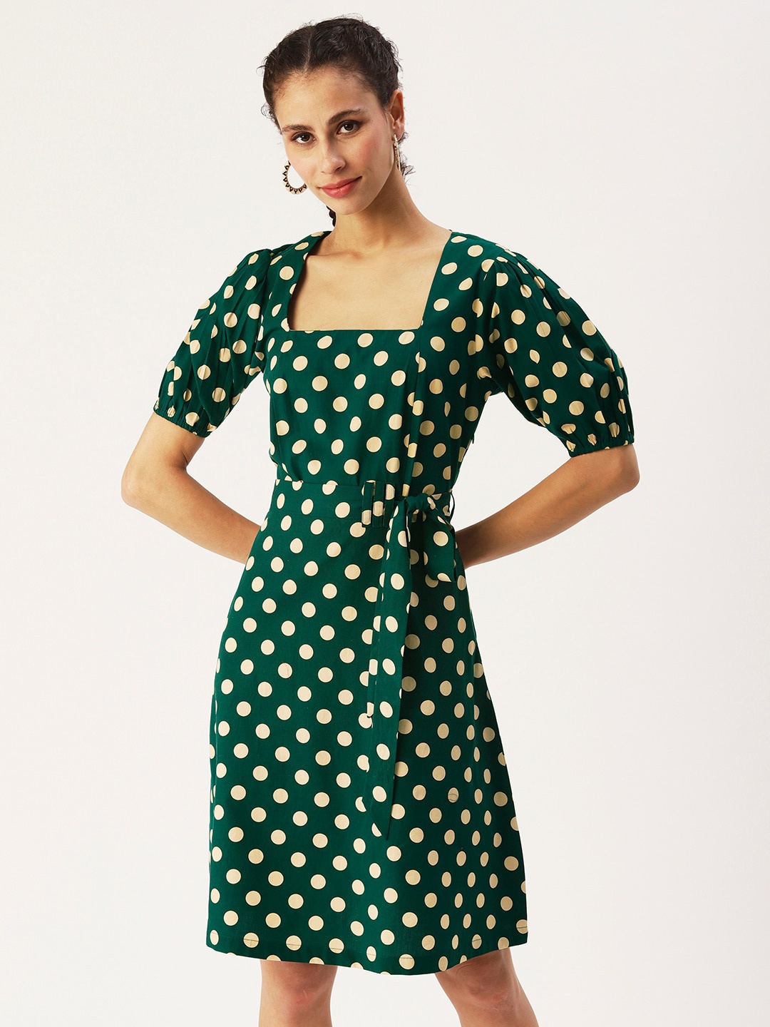 

DressBerry Polka Dots Printed Cotton A-Line Dress, Green