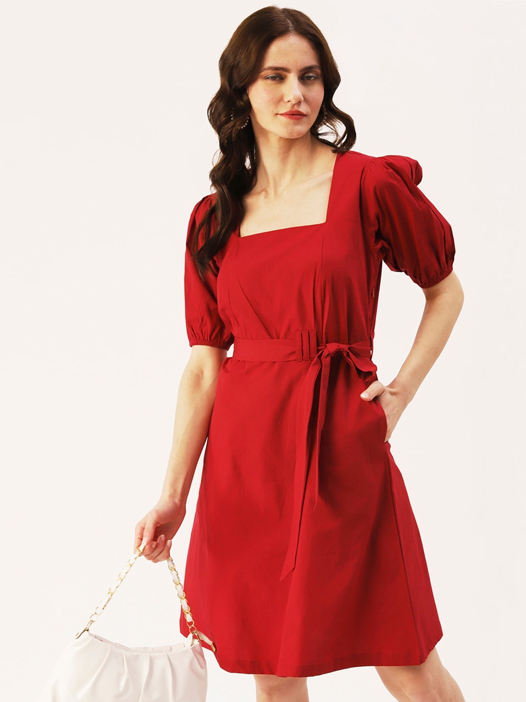 

DressBerry Square Neck Cotton Puff Sleeves A-Line Dress, Red