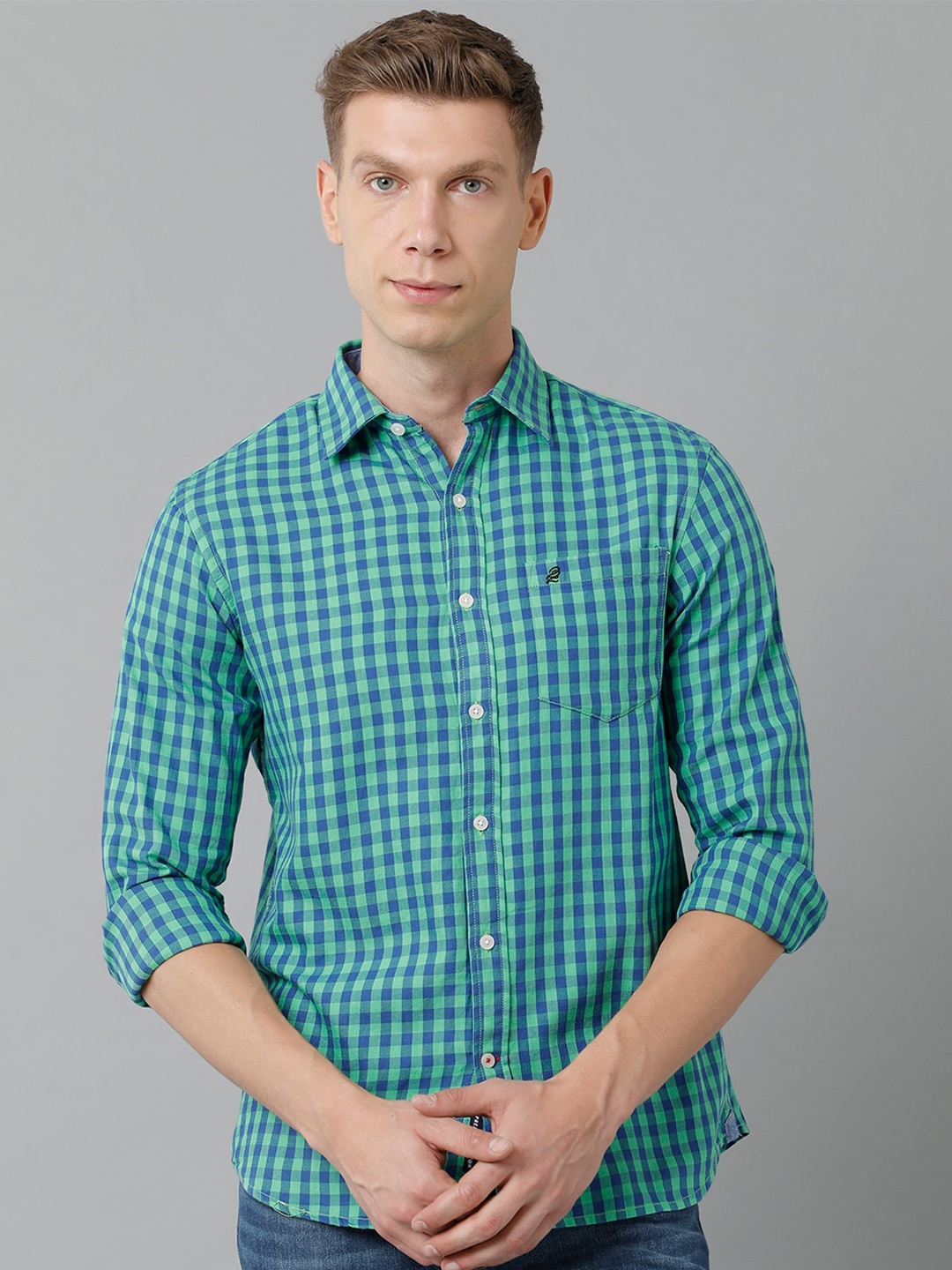 

Double Two Men Slim Fit Checked Cotton Casual Shirt, Green