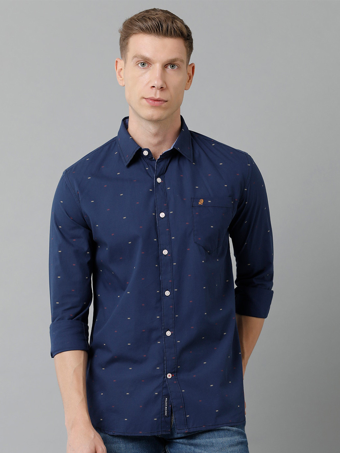 

Double Two Men Slim Fit Printed Cotton Casual Shirt, Navy blue
