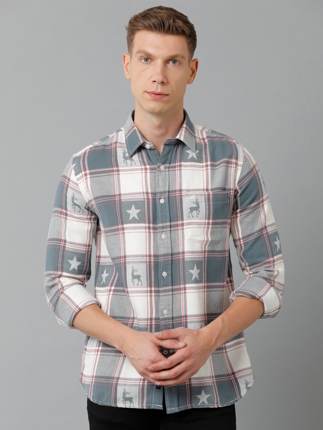 

Double Two Men Slim Fit Tartan Checked Cotton Casual Shirt, Grey