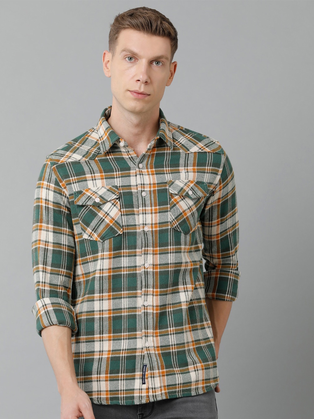 

Double Two Men Slim Fit Tartan Checked Cotton Casual Shirt, Green