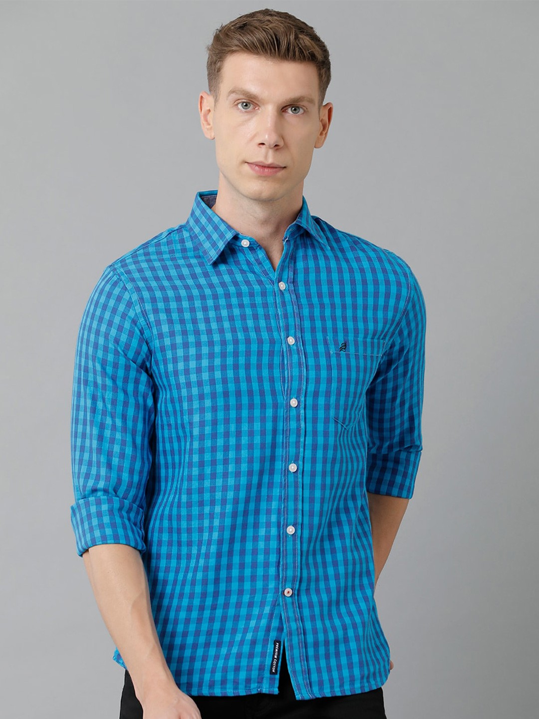 

Double Two Men Slim Fit Gingham Checked Cotton Casual Shirt, Blue