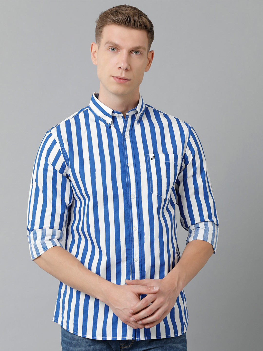 

Double Two Men Slim Fit Striped Cotton Casual Shirt, Blue