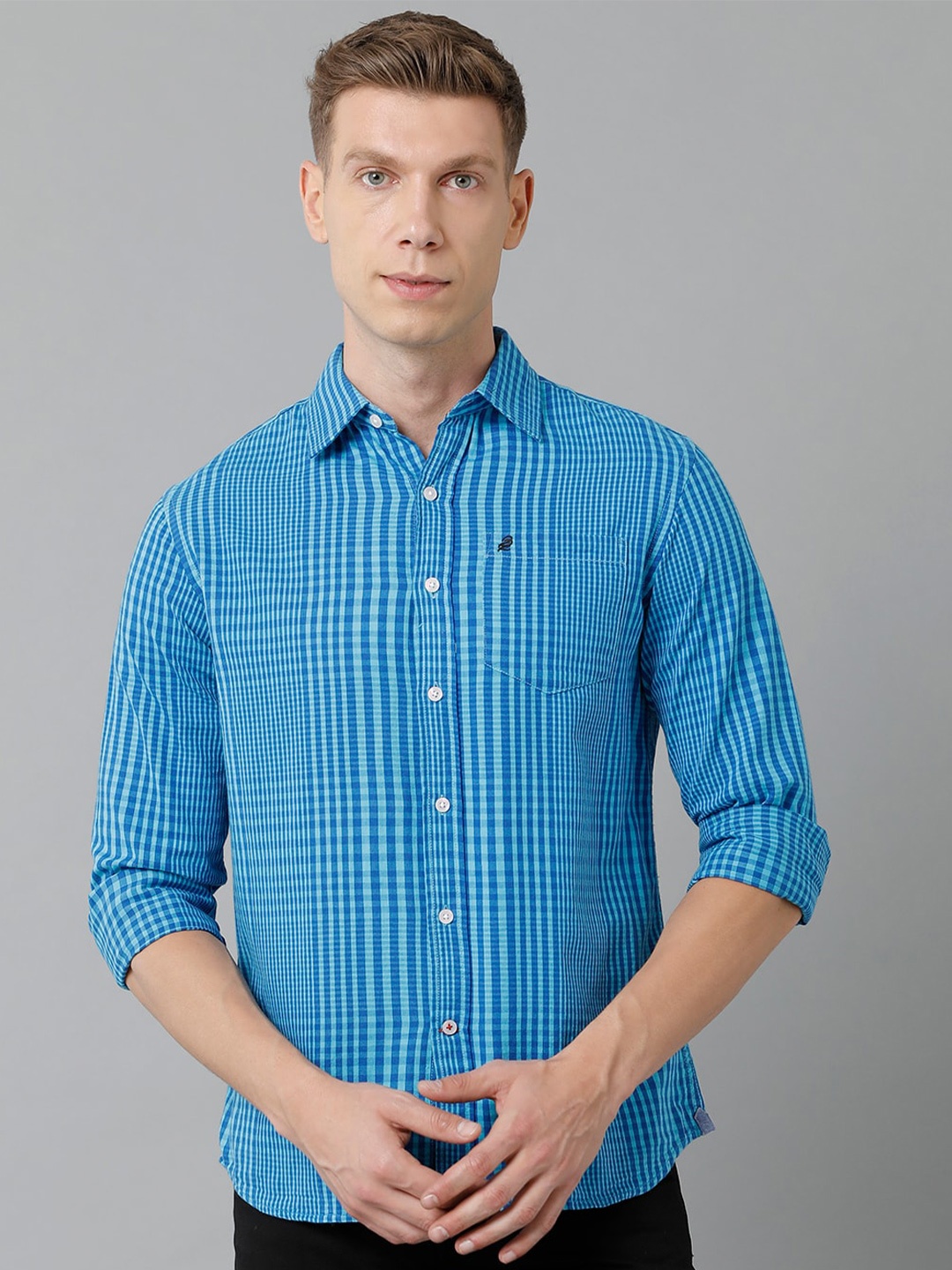 

Double Two Men Slim Fit Checked Cotton Casual Shirt, Blue