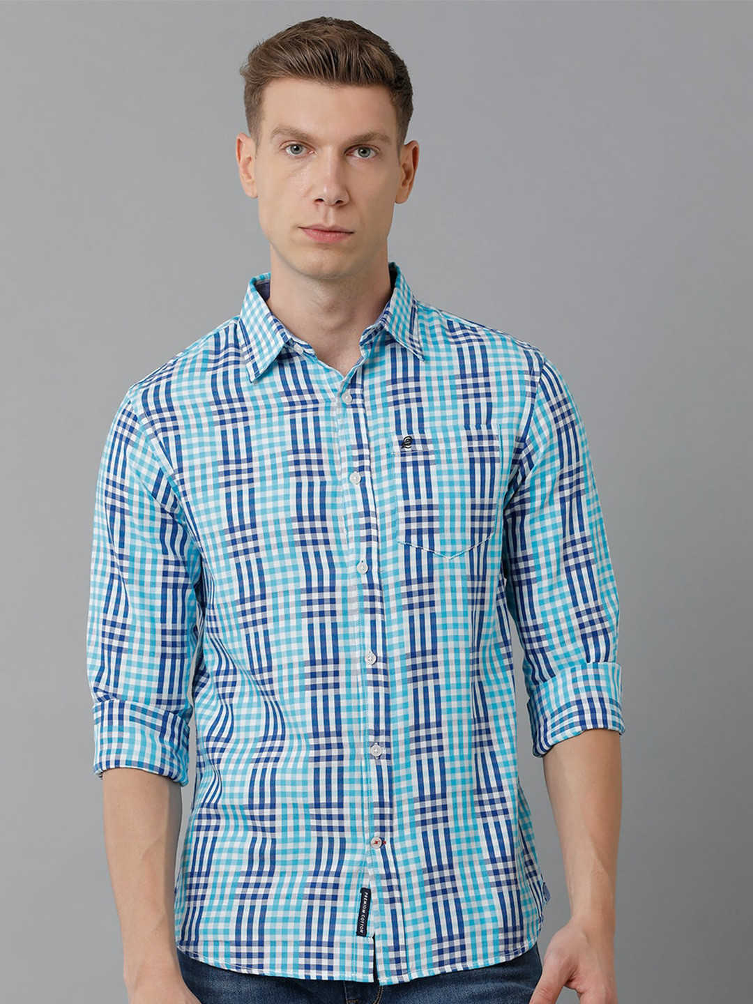 

Double Two Men Slim Fit Checked Cotton Casual Shirt, Blue