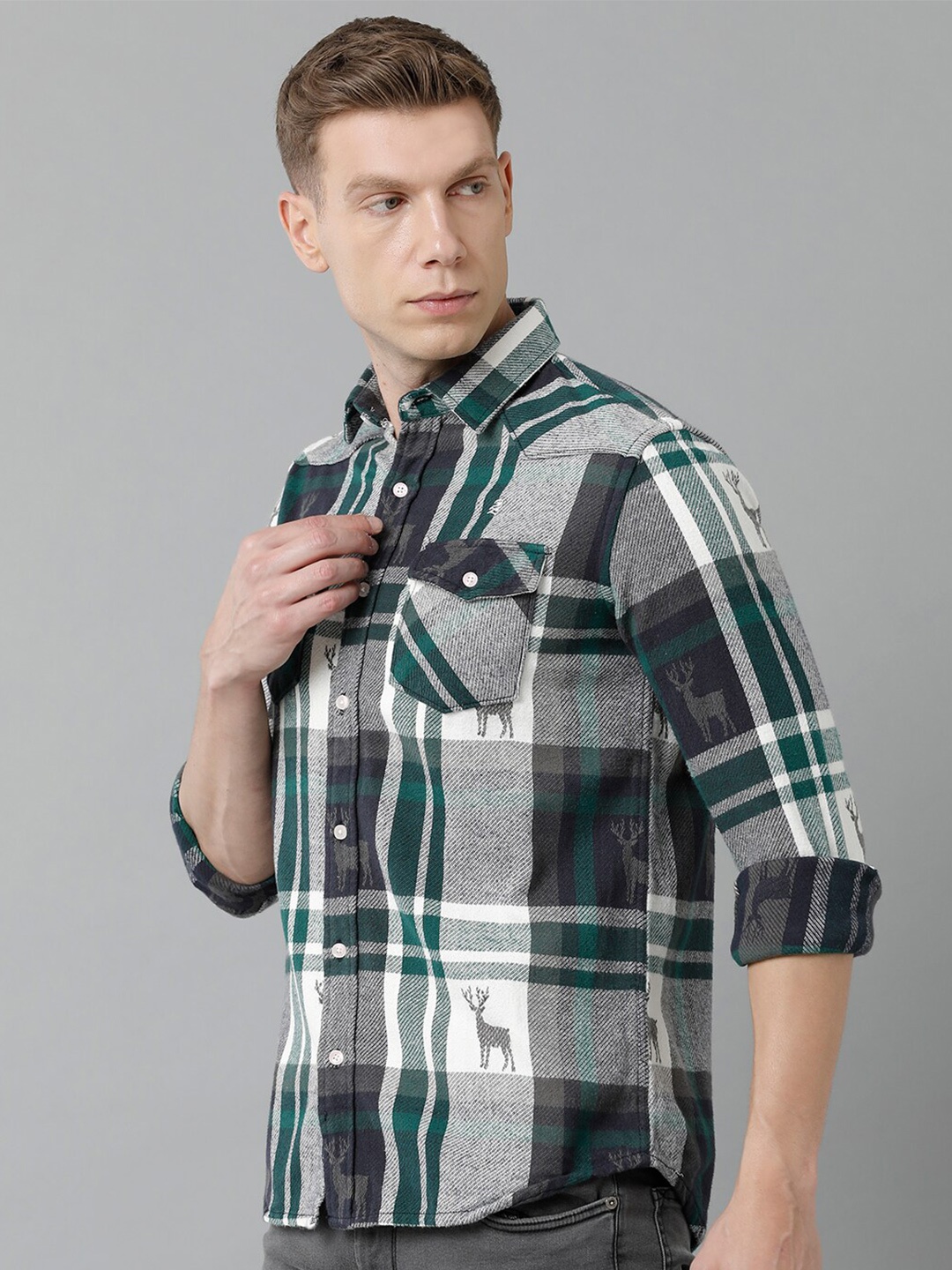 

Double Two Men Slim Fit Tartan Checked Cotton Casual Shirt, Green