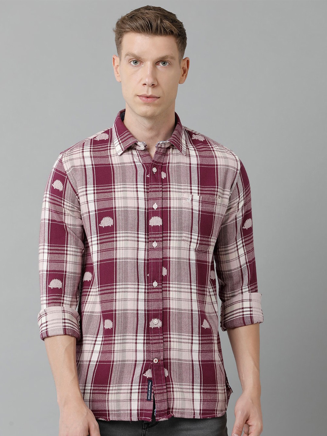 

Double Two Men Slim Fit Tartan Checked Cotton Casual Shirt, Burgundy