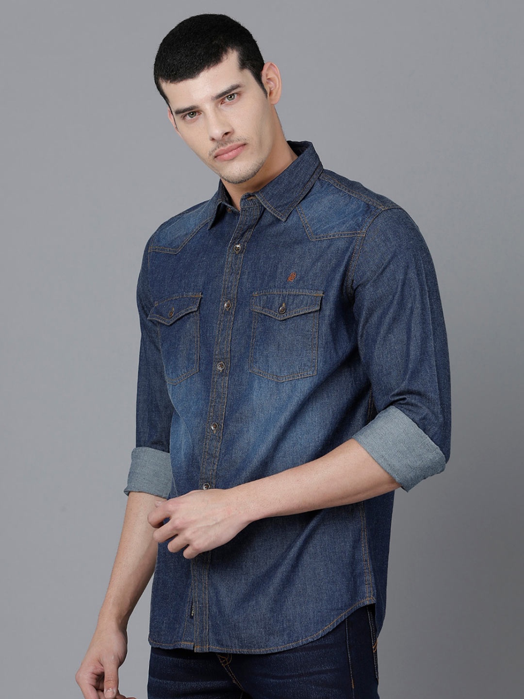

Double Two Men Slim Fit Faded Cotton Casual Shirt, Blue