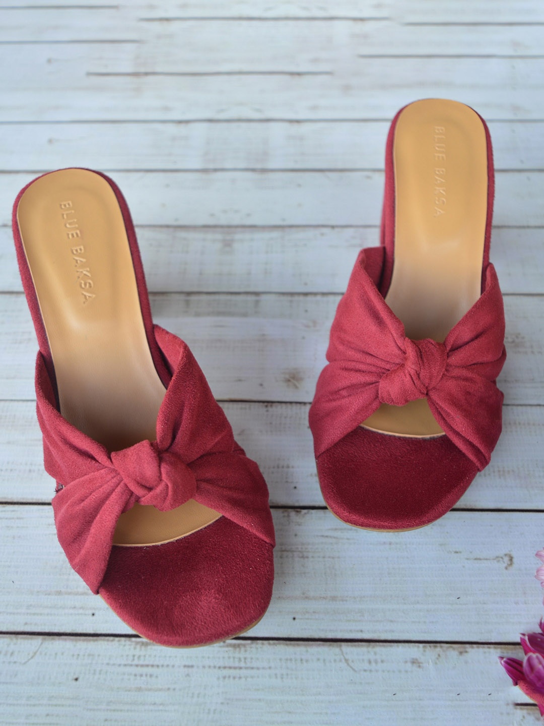 

BLUE BAKSA Maroon PU Block Mules with Bows