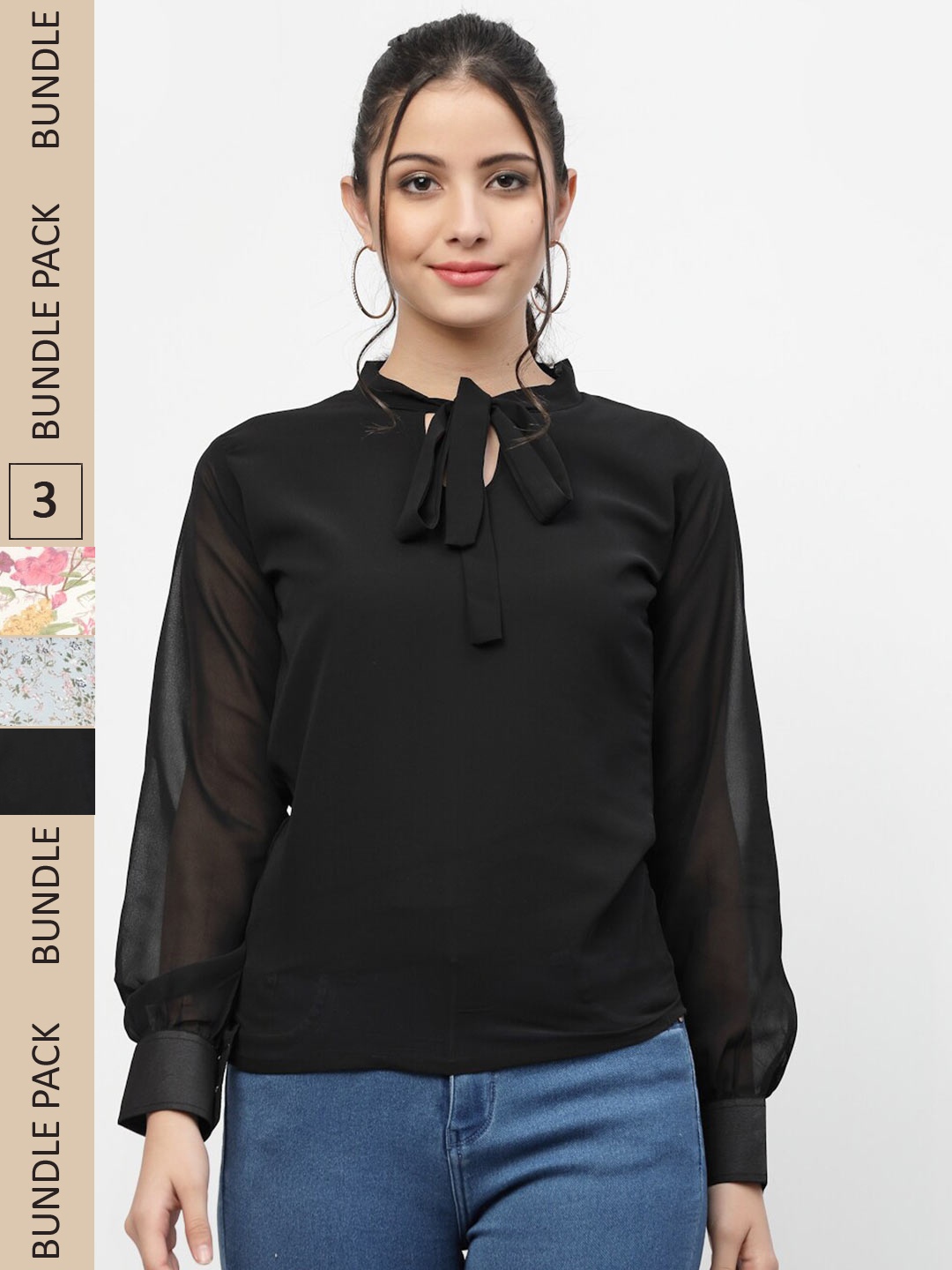 

MISS AYSE Pack of 3 Georgette Top, Black