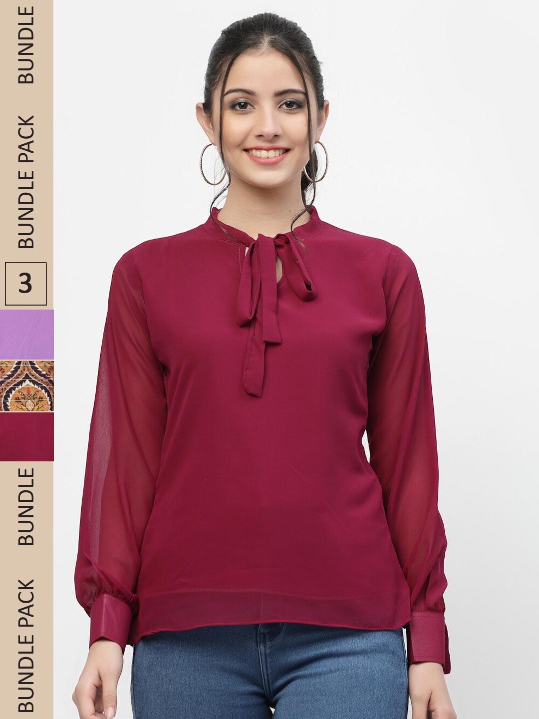 

MISS AYSE Pack of 3 Georgette Top, Maroon