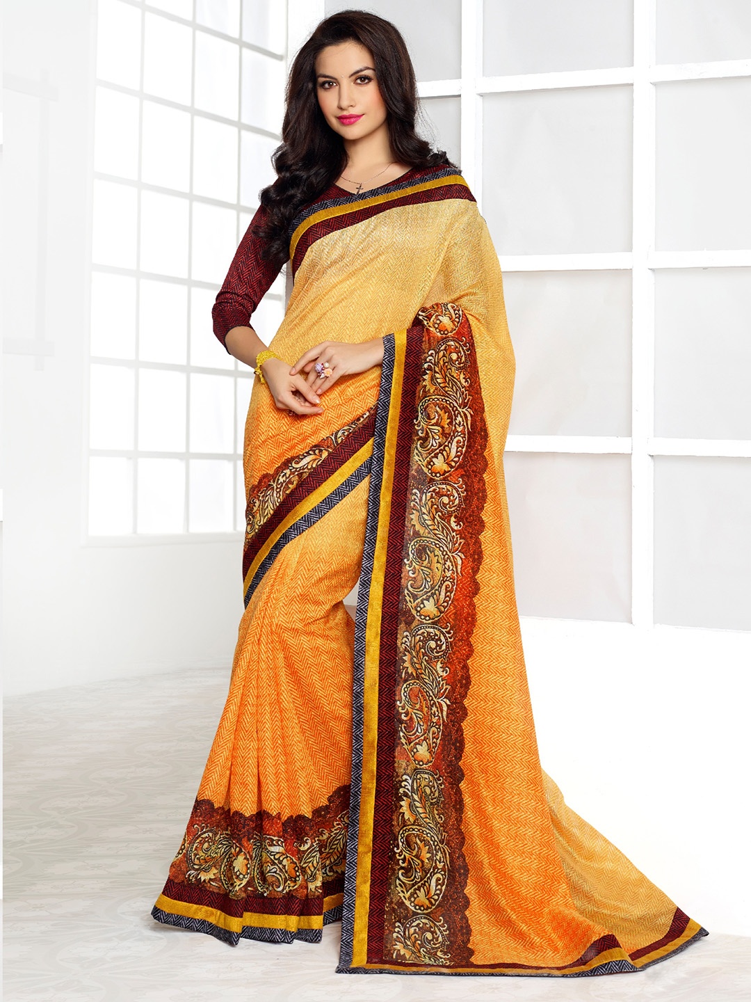 

SAPTRANGI Ethnic Motif Pure Linen Bhagalpuri Saree, Yellow