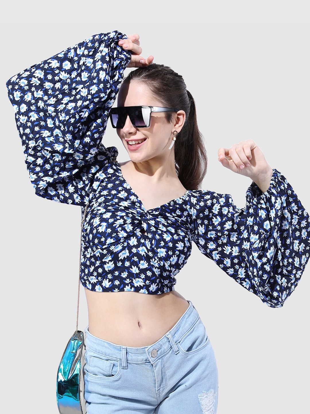 

Freehand by The Indian Garage Co Floral Print Blouson Crop Top, Navy blue