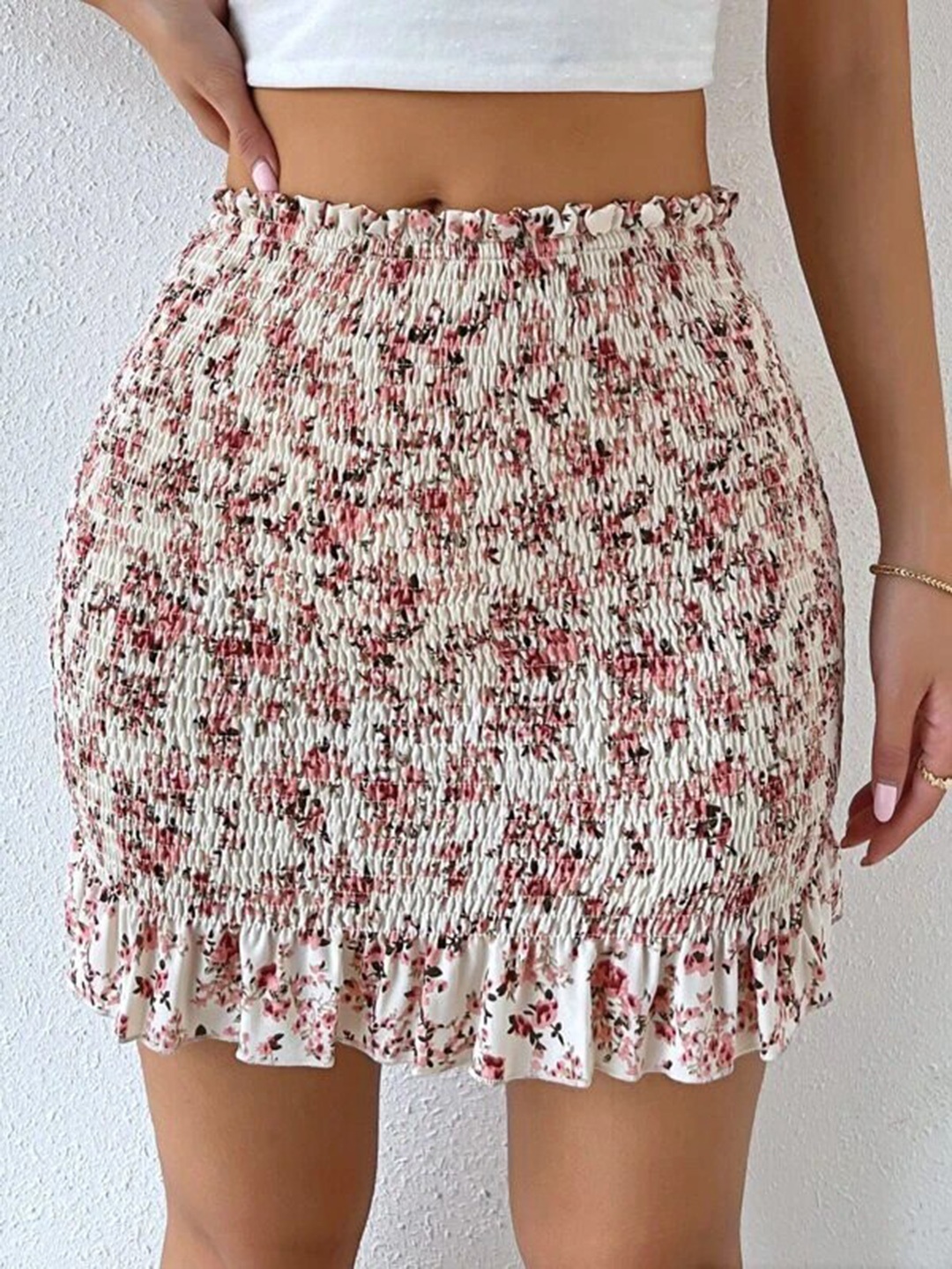 

La Aimee Floral Print Shirred Ruffle Mini Skirts, White