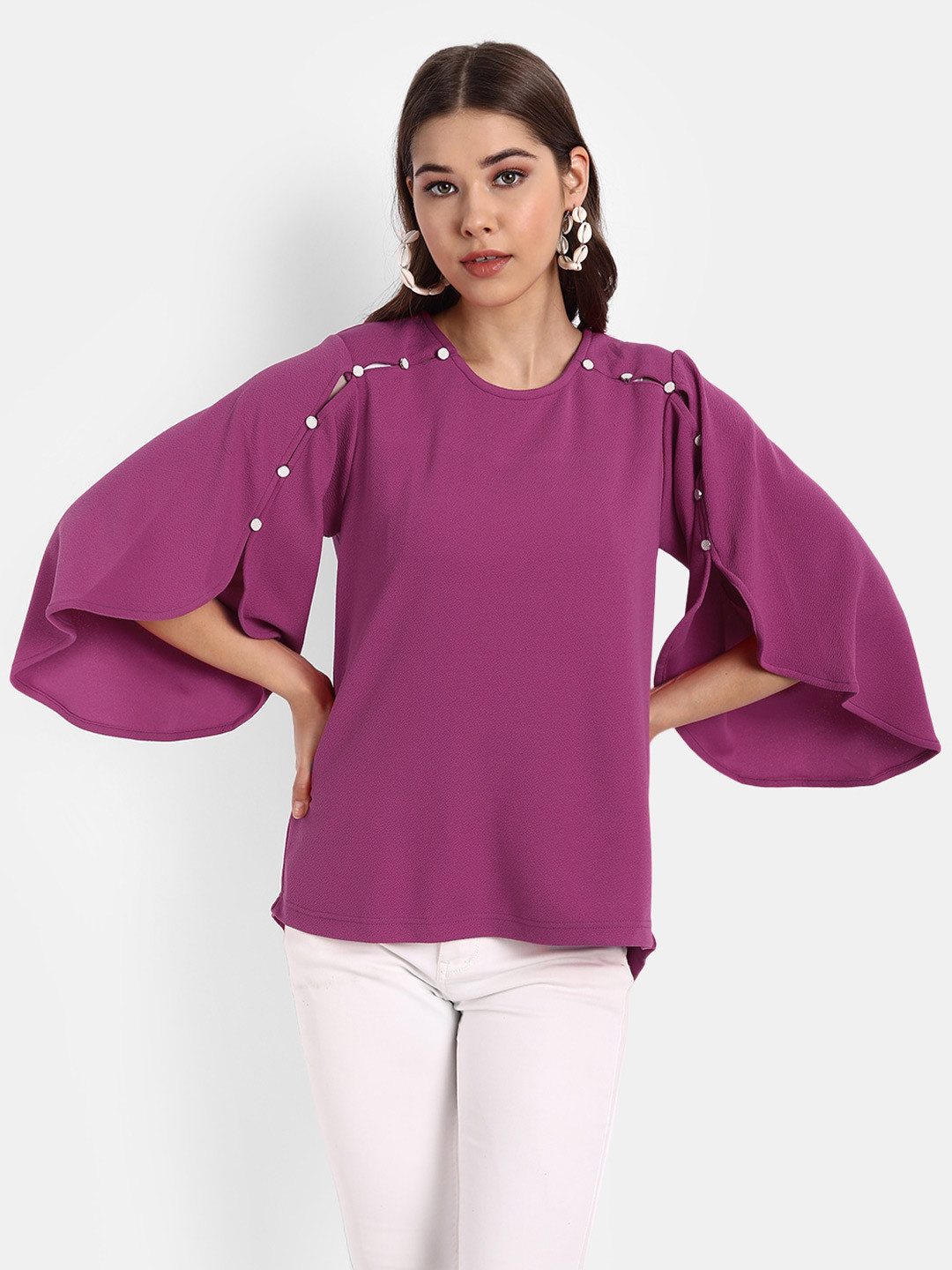 

BROADSTAR Round Neck Flared Sleeves Top, Pink