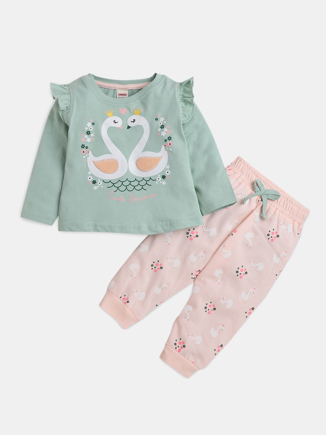 

Hopscotch Girls Printed Pure Cotton T-shirt with Joggers, Green