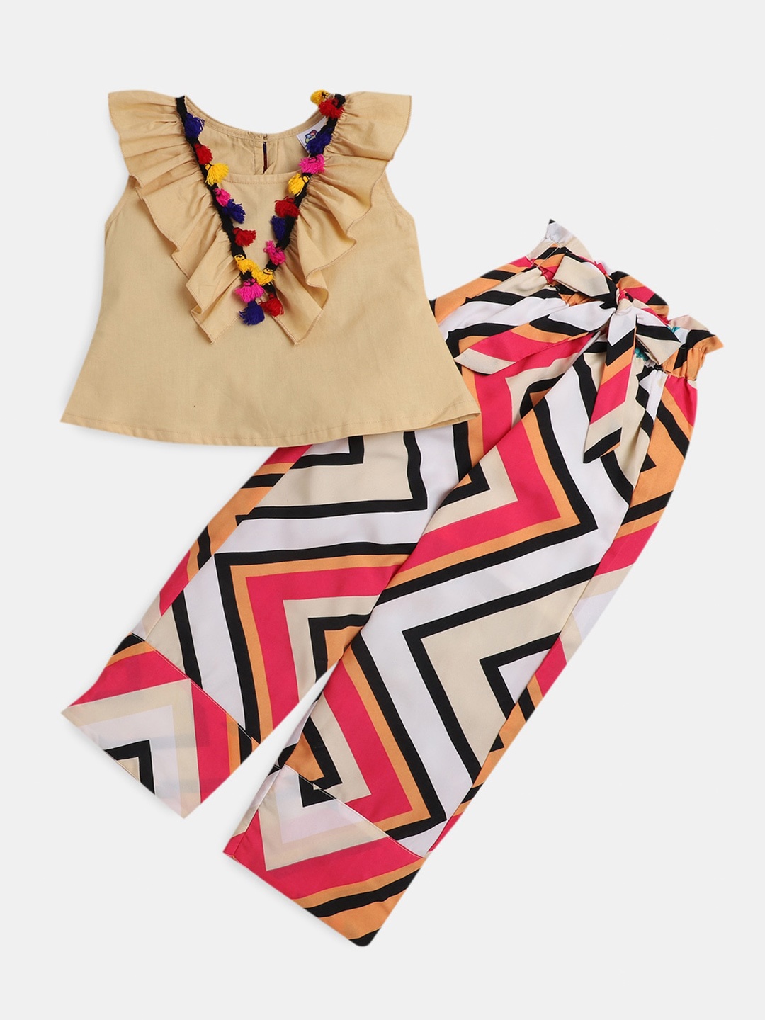 

Hopscotch Girls Printed Top with Trousers, Beige