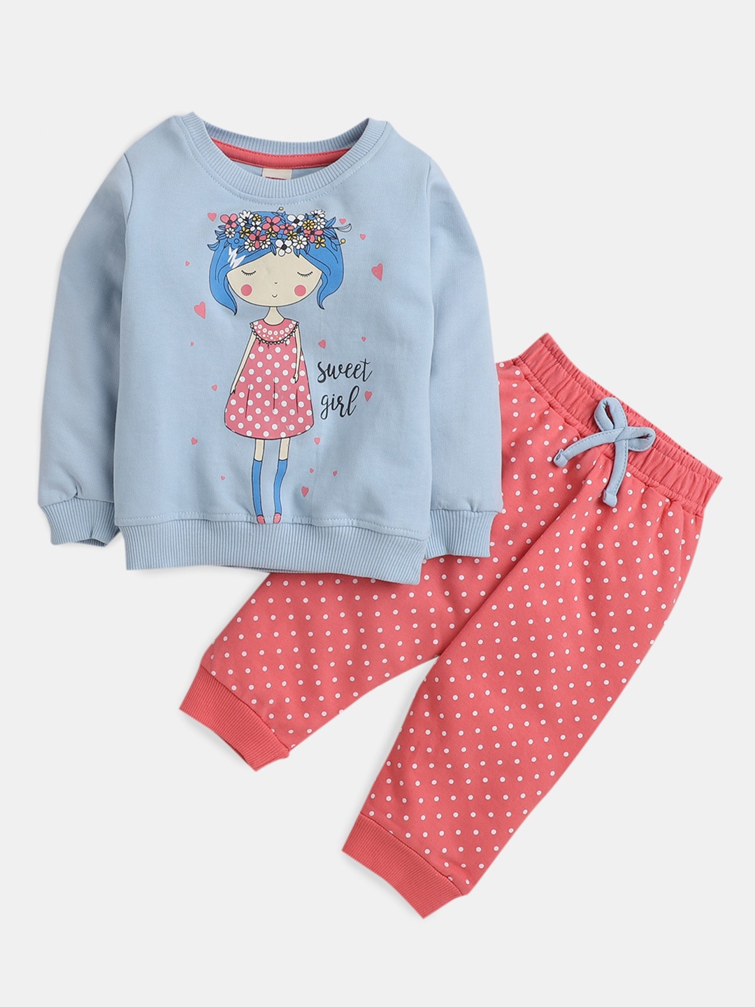 

Hopscotch Girls Printed Cotton T-shirt with Joggers, Blue