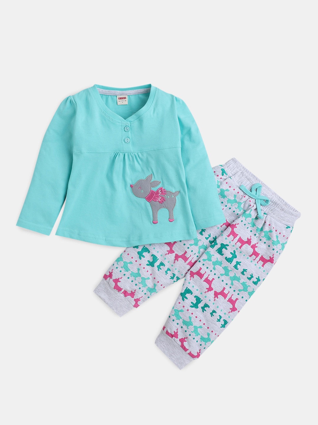 

Hopscotch Girls Printed Pure Cotton T-shirt with Pyjamas, Green